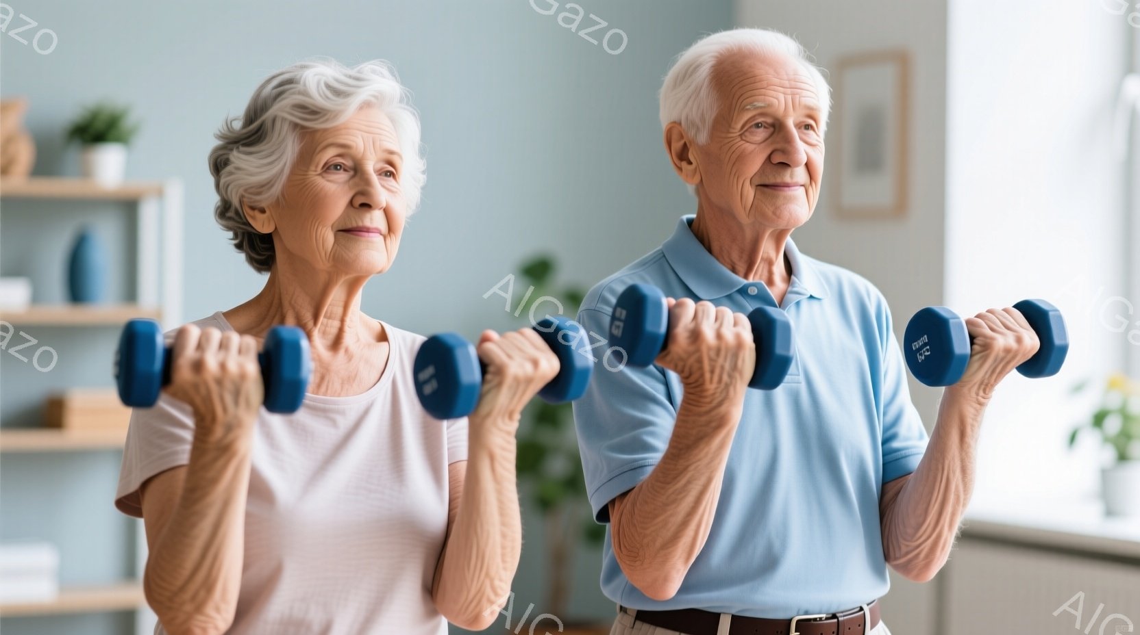 白髪の老婦人と老紳士が、それぞれ青いダンベルを持って腕を曲げている姿が写っている。老婦人は薄いピンクのシャツを着ており、老紳士は水色のポロシャツに黒いベルトを締めている。背景には白い棚や観葉植物が見え、室内で運動している穏やかな雰囲気が感じられる。