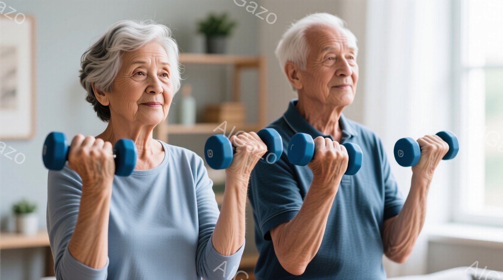 白髪の女性と男性が、青いダンベルを持って腕立て伏せをしている様子が写っています。女性は薄い水色の長袖シャツを着ており、男性は濃い青色のポロシャツを着ています。背景には木製の棚があり、明るい自然光が差し込み、健康的なライフスタイルを連想させる穏やかな雰囲気です。