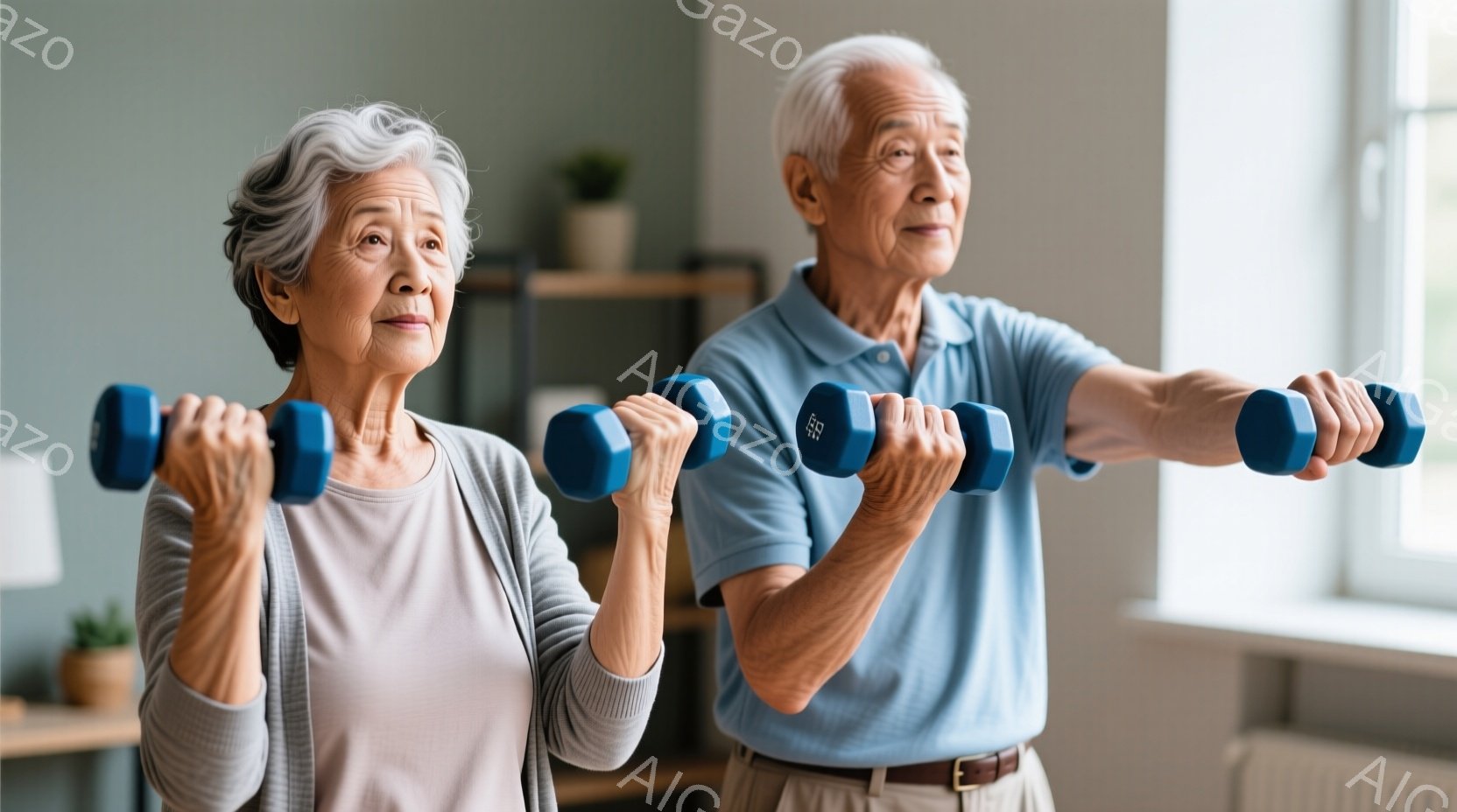 白髪の高齢の夫婦が、それぞれ青いダンベルを持ち、腕を横に広げて筋力トレーニングを行っています。女性は薄い紫色の長袖シャツ、男性は水色のポロシャツとベージュ色のズボンを着用しており、表情は真剣で集中しています。背景には、窓から差し込む光と木製の家具が見え、室内は明るく落ち着いた雰囲気です。