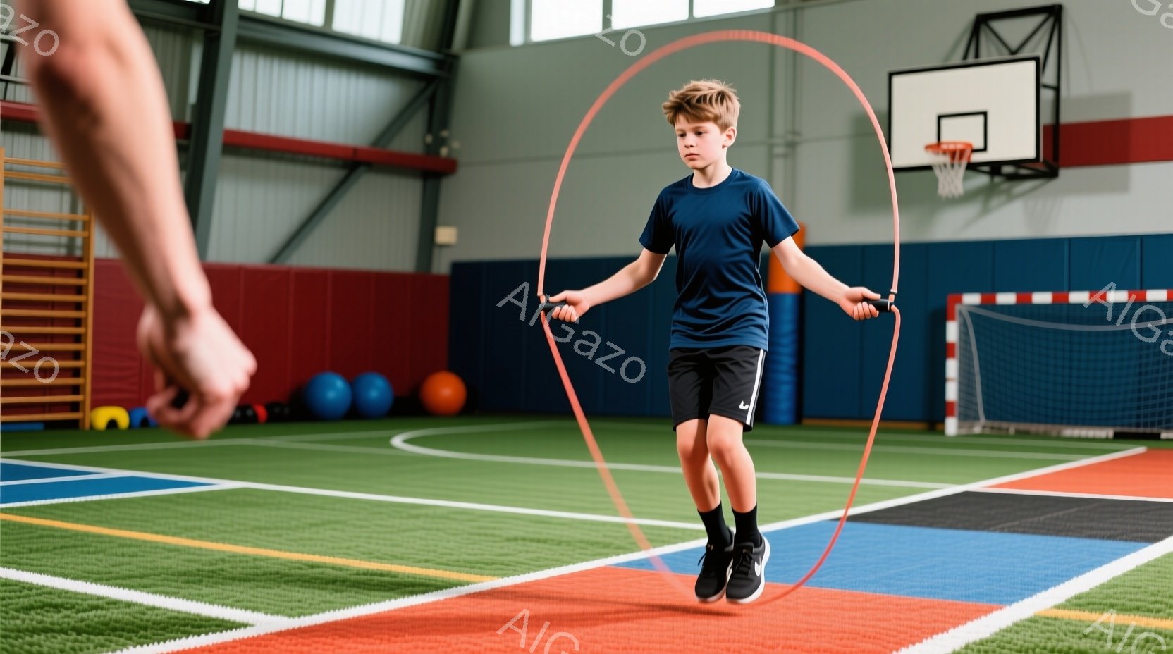 少年は体育館で縄跳びをしており、濃い青色の半袖シャツと黒い短パン、黒い靴下とスニーカーを履いています。髪は短くブロンドで、真剣な表情で縄跳びを楽しんでいます。背景には、バスケットボールのゴールや体操マ - AI生成フリー素材