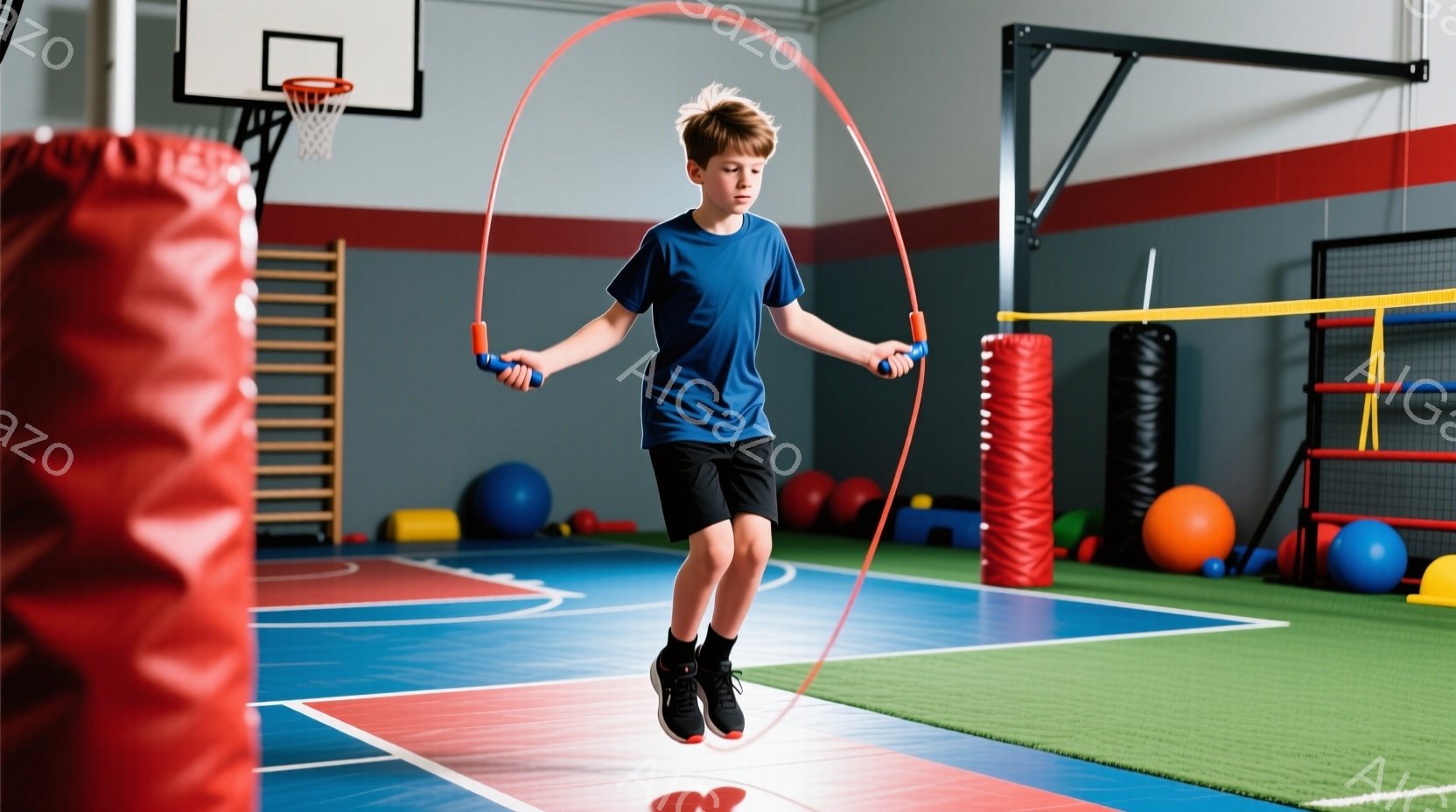 茶髪の少年が体育館で縄跳びをしている。青いTシャツと黒いショートパンツ、黒いスニーカーを身につけており、真剣な表情でジャンプしている。背景には、緑と青の体育館の床、オレンジや青のボール、壁に設置された - AI生成フリー素材