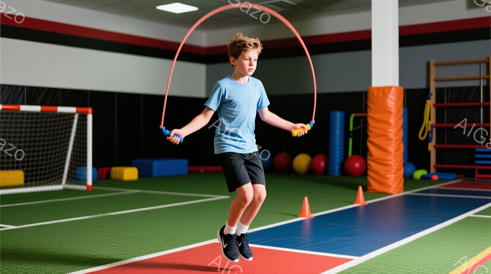 少年は明るい青色のTシャツと黒いショーツ、白い靴下とスニーカーを着用し、縄跳びをして空中に飛び上がっています。彼は少し真剣な表情で、縄跳びの動きに集中しています。背景には、緑色のマット、オレンジ色の体操用具、いくつかの円錐、そして小さなサッカーゴールが見え、体育館のような室内施設で活気に満ちた雰囲気です。