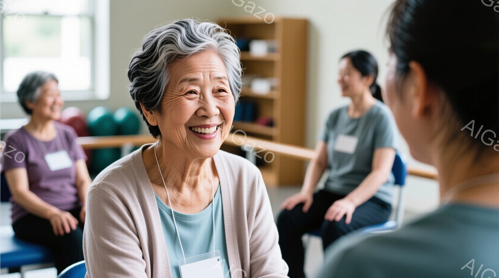 椅子に座って微笑む高齢の女性が写っています。彼女は水色のタンクトップの上に薄灰色のカーディガンを着ており、白い髪は肩にかかる長さで、顔には深い笑顔が広がっています。背景には他の女性たちが座っており、部 - AI生成フリー素材