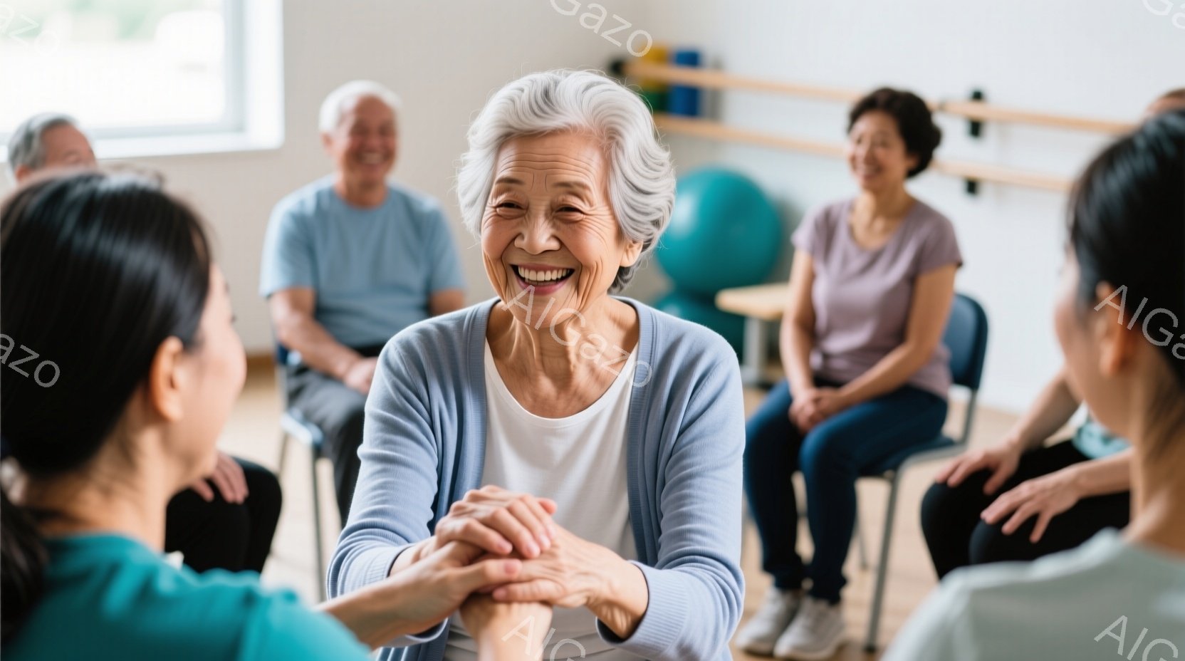 複数の人々が円状に椅子に座り、親しげに会話をしている様子が写っている。中央の女性は明るい笑顔で、白いシャツに水色のカーディガンを着用し、白髪を短く整えている。背景には、エクササイズボールやバランスバーなどのフィットネス器具が見え、明るく開放的な雰囲気の室内であることがわかる。