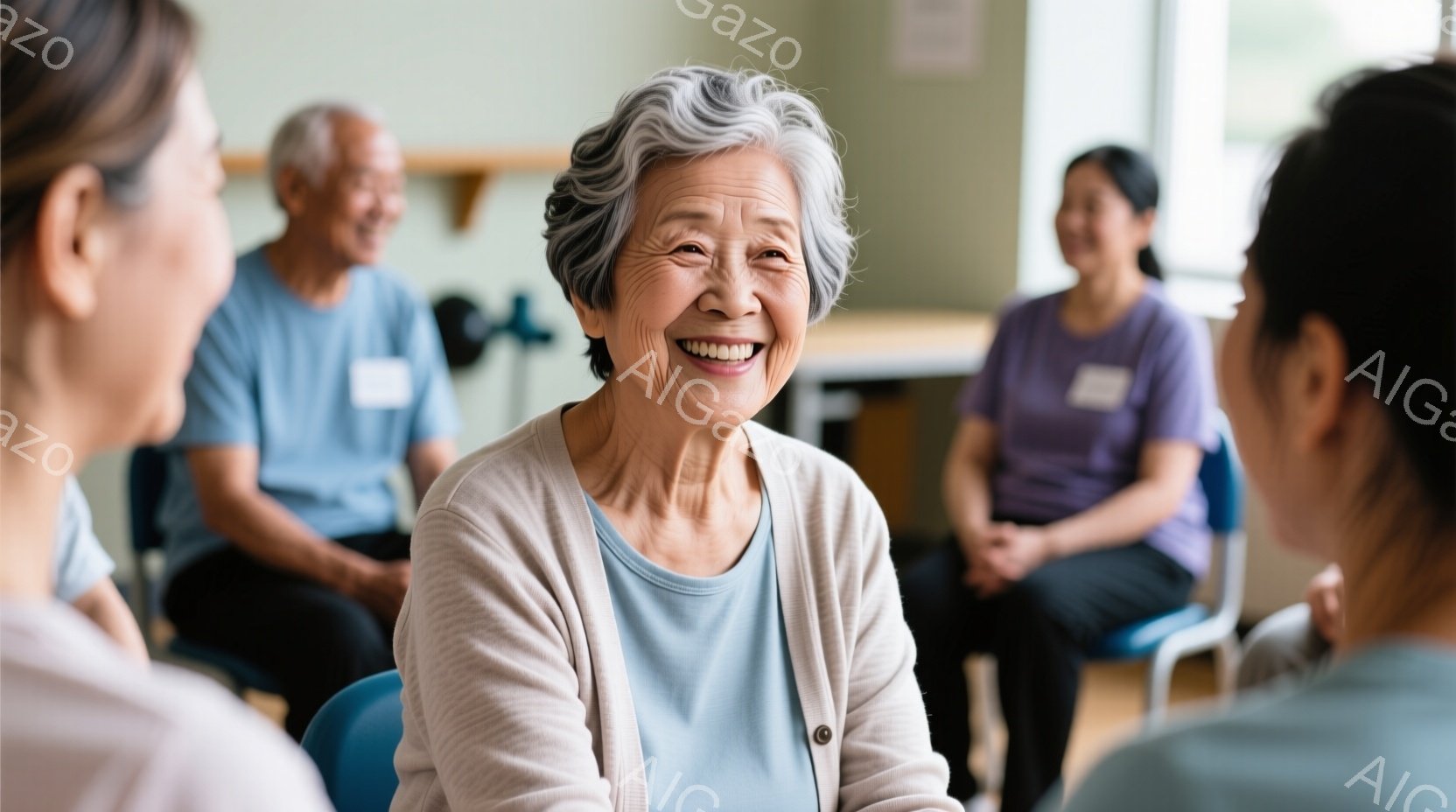 椅子に座って笑顔を見せる高齢女性が写っています。彼女は薄いグレーの髪で、ベージュのカーディガンと水色のトップスを着ています。背景には他の人々が座っており、室内で穏やかな雰囲気です。 - AI生成フリー素材