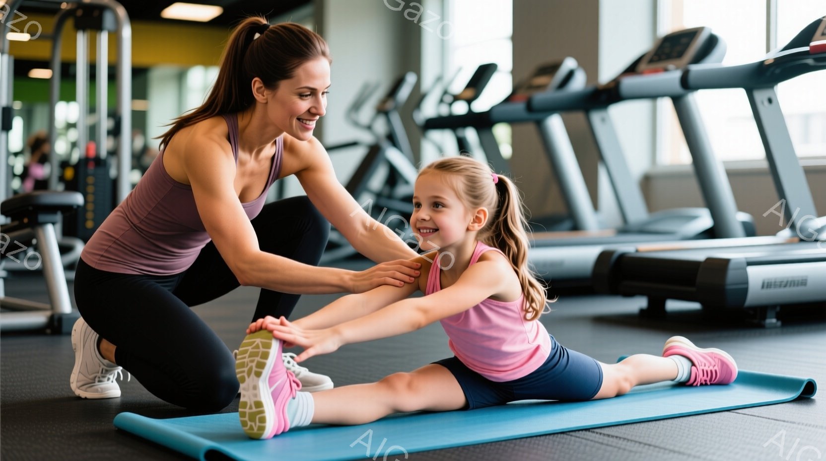 金髪でポニーテールにした若い女性が、ピンクのシャツと黒いレギンスを着用した幼い女の子のストレッチを手伝っています。女の子は床の上で足を広げ、女性は彼女の足を優しく支えながら笑顔で見ています。背景には、ジムのトレーニングマシンが並び、活気ある雰囲気です。