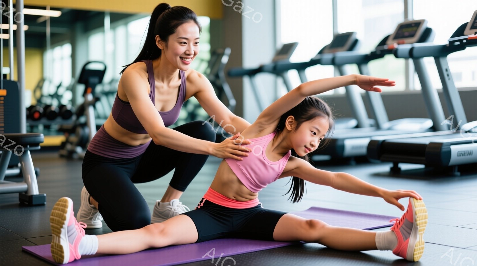ジムでストレッチをする若い女性と少女が写っています。女性はピンクのスポーツブラと黒のレギンス、少女はピンクのタンクトップと黒のショーツを着用し、髪はそれぞれポニーテールに結ばれています。二人は紫色のヨガマットの上でストレッチをしており、女性は少女の背中を優しく支え、笑顔で指導しています。