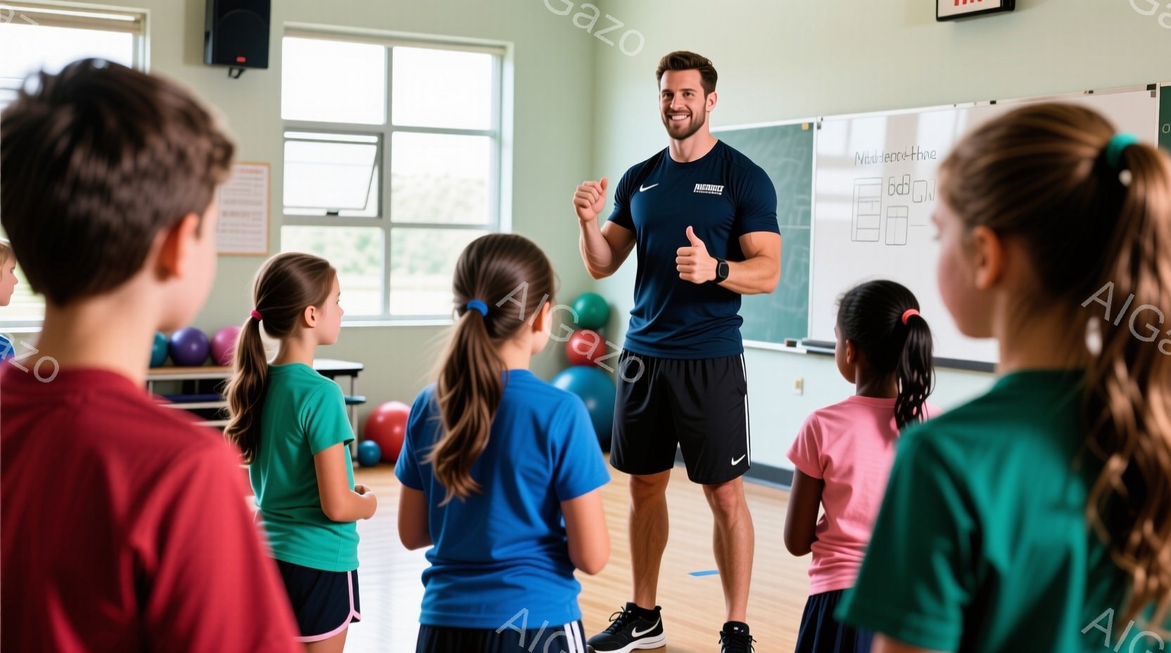 体育館らしき室内で、男性コーチが子供たちに向かって話しています。コーチは紺色のTシャツと黒い短パン姿で、片手を上げて指示しているようです。子供たちは青や緑のTシャツを着て、コーチの周りを円を描くように囲んでいます。