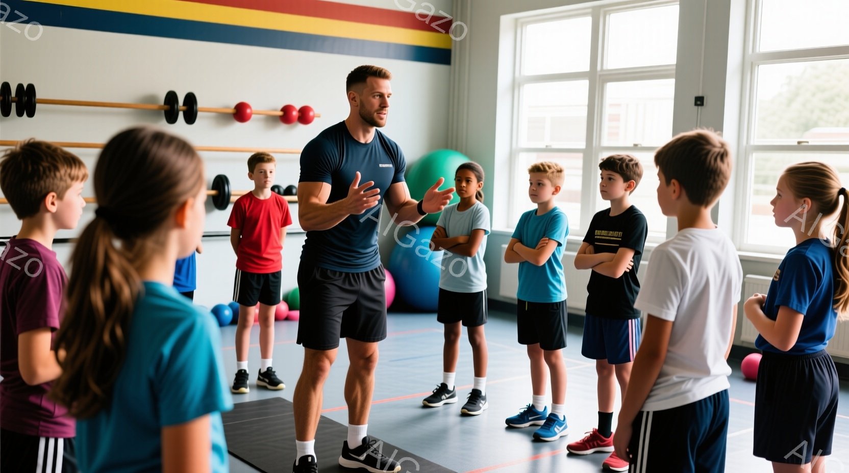 体育館のような室内で、一人の男性インストラクターが子供たちに向かって何かを説明しています。インストラクターは黒の半袖シャツと黒のショーツ姿で、子供たちはスポーツウェアを着て、真剣な表情でインストラクターを見つめています。背景には、エクササイズマットやダンベル、バランスボールなどが置かれており、活気のあるトレーニングの雰囲気が漂っています。