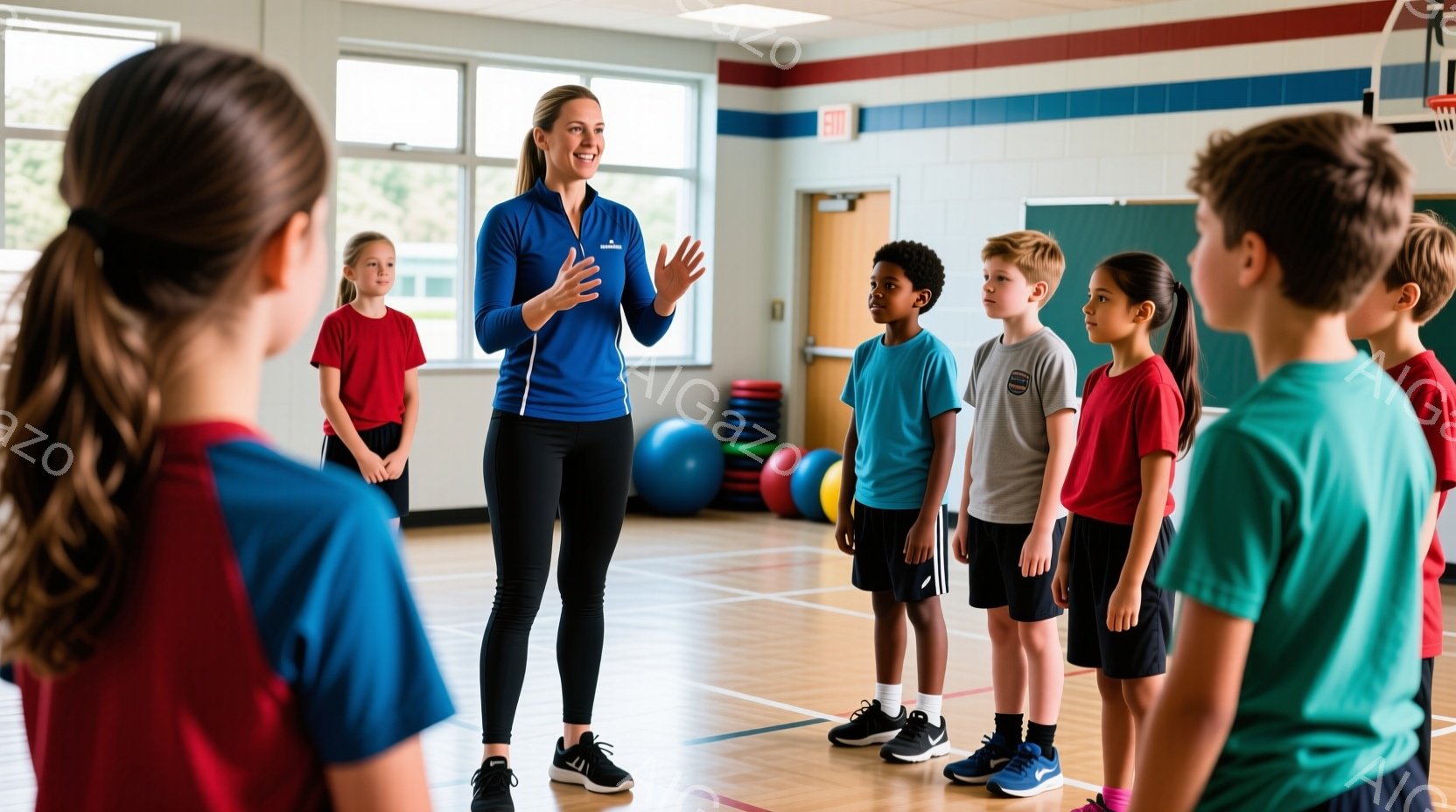 体育館のような室内で、女性が子供たちに向かって何か説明している様子が写っている。女性は青い長袖シャツに黒いレギンスを着用し、髪は後ろでポニーテールにまとめられている。子供たちは赤や青のTシャツ、黒の短パン姿で、女性に注目して立っている。