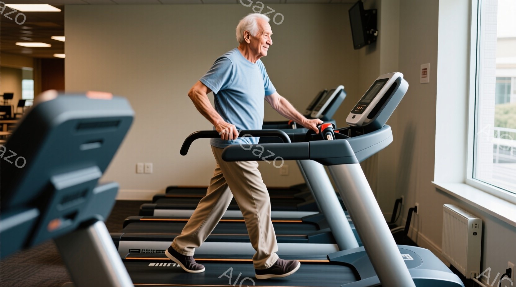 白髪で少し皺のある高齢男性がトレッドミルで運動している。彼は水色の半袖シャツとベージュ色のパンツを着用し、集中した表情で前を見ている。背景には他のトレッドミルや窓が見え、自然光が差し込み、活気のある運 - AI生成フリー素材