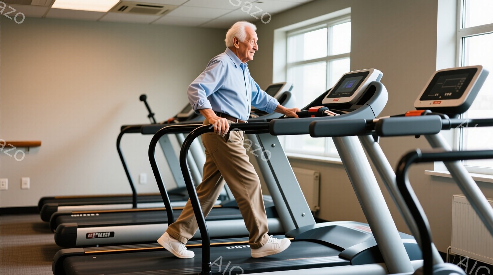 老年の男性がトレッドミルを使っており、白髭が特徴的です。彼は手を支えるように腕を回し、穏やかな表情を見せています。 背景には明るい窓があり、空間が広く整った雰囲気です。