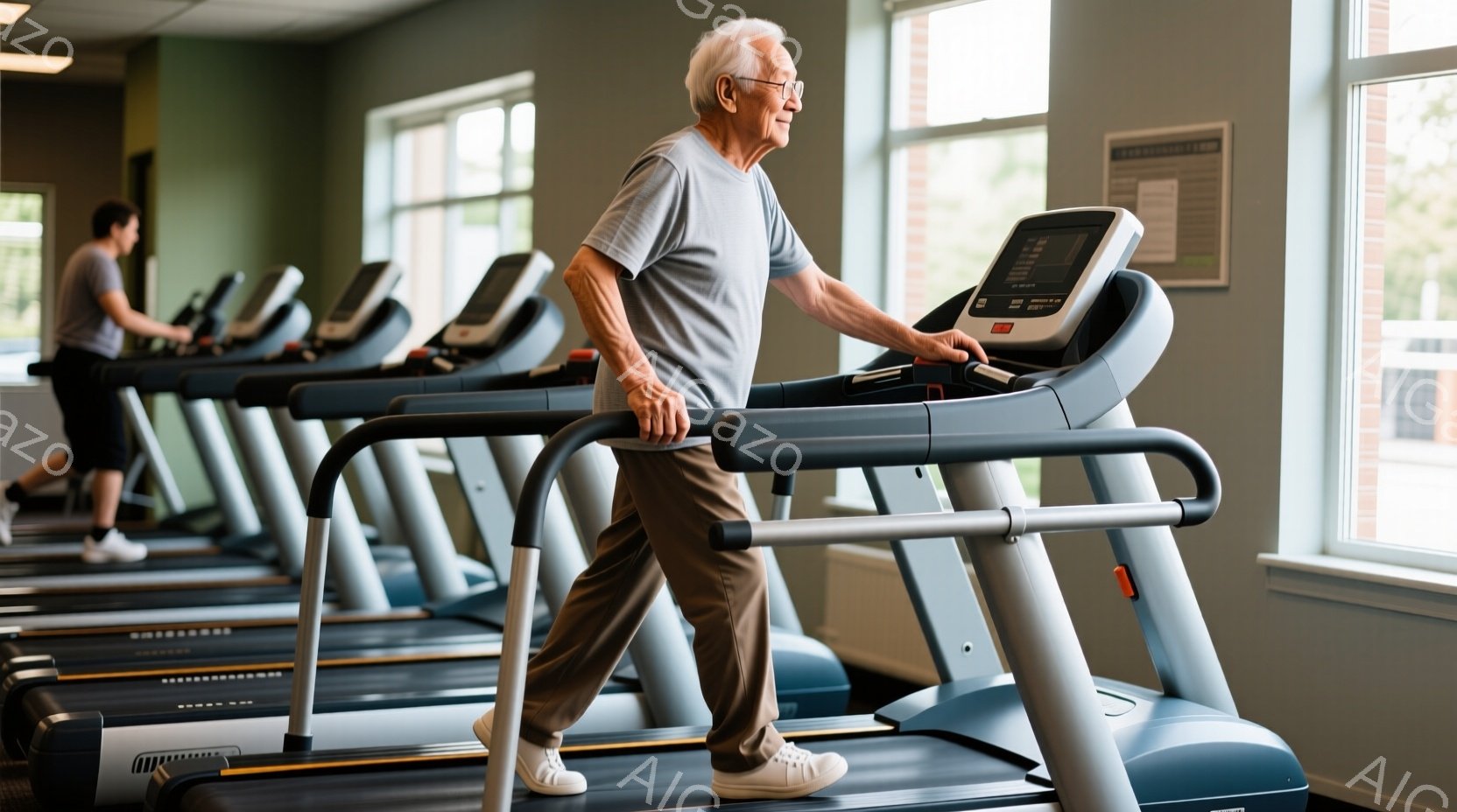 筋トレジムで高齢男性がトレッドミルでウォーキングをしている様子が写っている。彼はグレーのTシャツ、グレーのトレーニングパンツ、白いスニーカーを履いている。背景には他のトレッドミルとジムの壁が見え、全体的に健康的で活気のある雰囲気が漂っている。