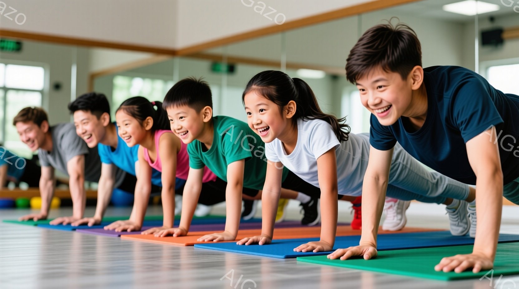 複数の人々が、カラフルなヨガマットの上で腕立て伏せをしている様子が写っています。皆、緑色のTシャツを着ており、笑顔で活気に満ちています。背景には、鏡張りの壁があり、明るい室内で運動を楽しんでいる様子が伝わってきます。