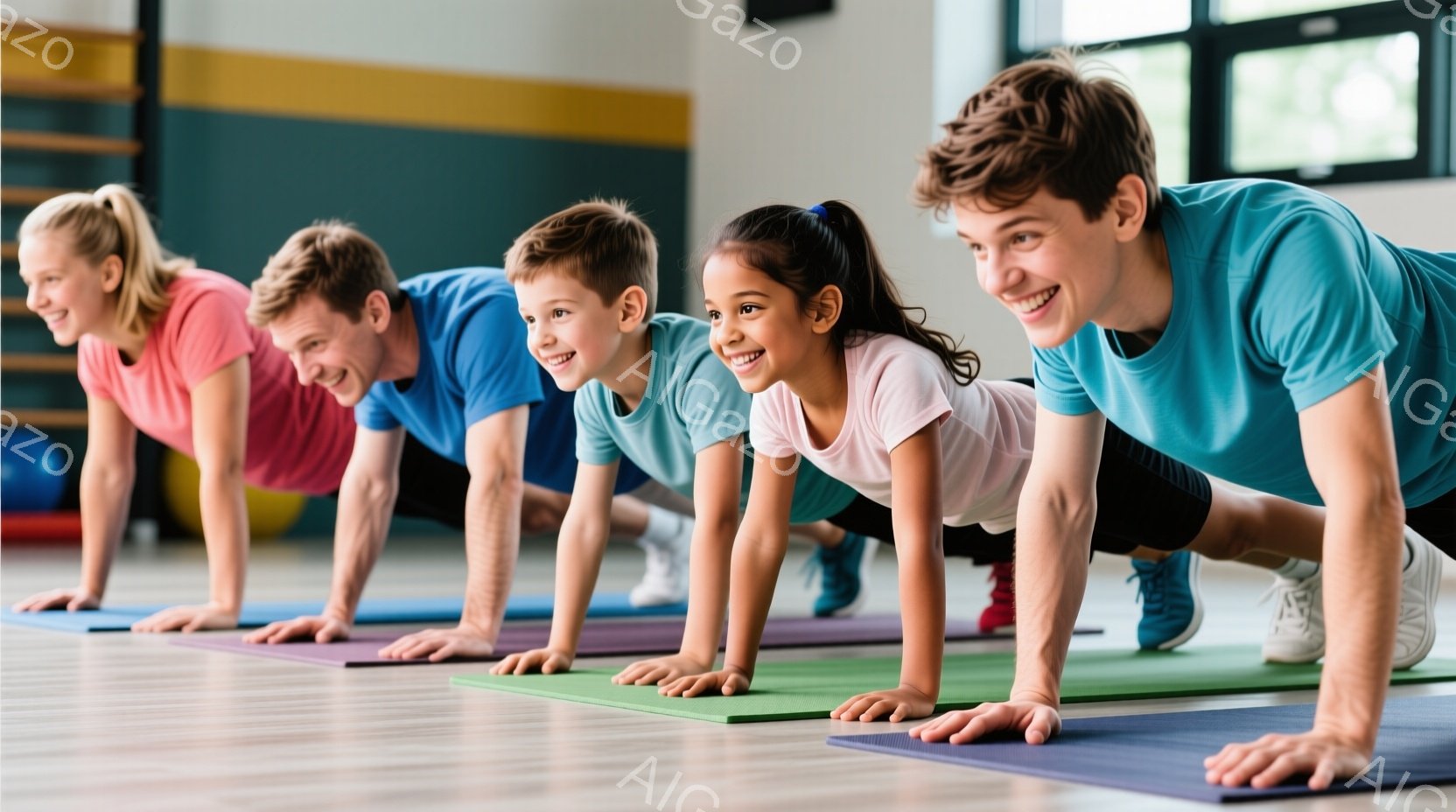 複数の人々がプランクの姿勢をとっており、それぞれ明るい色のスポーツウェアを着用しています。子供たちは髪をきちんとまとめ、全員が笑顔で、活気に満ちた雰囲気です。背景には、フィットネス用マットやエクササイズボールが見え、室内体育館のような場所であることがわかります。