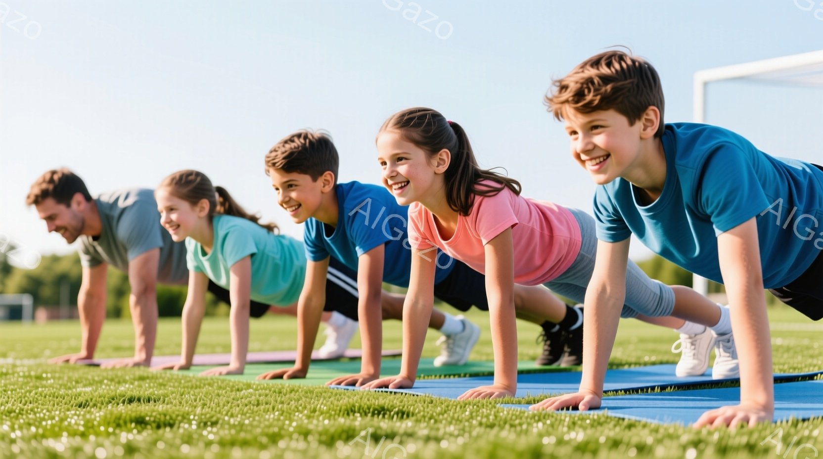 ４人が青いヨガマットの上で腕立て伏せをしており、皆笑顔で楽しんでいる様子が伺えます。男性は黒いシャツ、女性と少年はそれぞれターコイズブルーとピンクのTシャツ、もう一人の少年は鮮やかなブルーのTシャツを着ています。背景には緑の芝生と青空が広がり、晴れた日の屋外トレーニングの光景です。