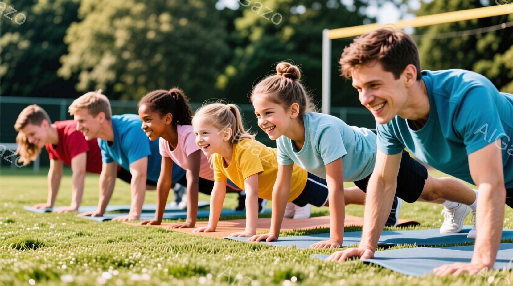 芝生の上で、様々な年齢と人種の男女がプランクの姿勢で整列しています。彼らは皆、カラフルなスポーツウェアを着ており、笑顔で活気に満ちています。背景には青空と緑豊かな風景が広がり、晴れた日の健康的なアクティビティの様子が伝わってきます。