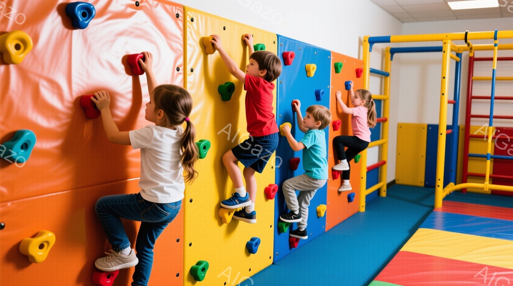 室内遊戯場で、3人の子供たちがカラフルなクライミングウォールを登っています。女の子はジーンズと白いTシャツを着て、髪は後ろで結ばれています。男の子は赤いシャツとズボンを着用し、皆集中した表情で、遊び心満載の雰囲気です。