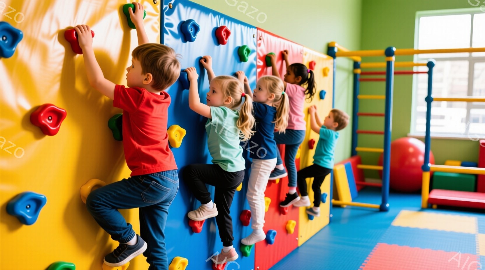 複数の幼い子供たちが、カラフルなクライミングウォールをよじ登っています。彼らはそれぞれ異なる色の服を着ており、真剣な表情で壁のホールドにつかまっています。背景には、青いフロアと、赤、黄、緑のカラフルな遊具が見え、明るく活気のある雰囲気です。