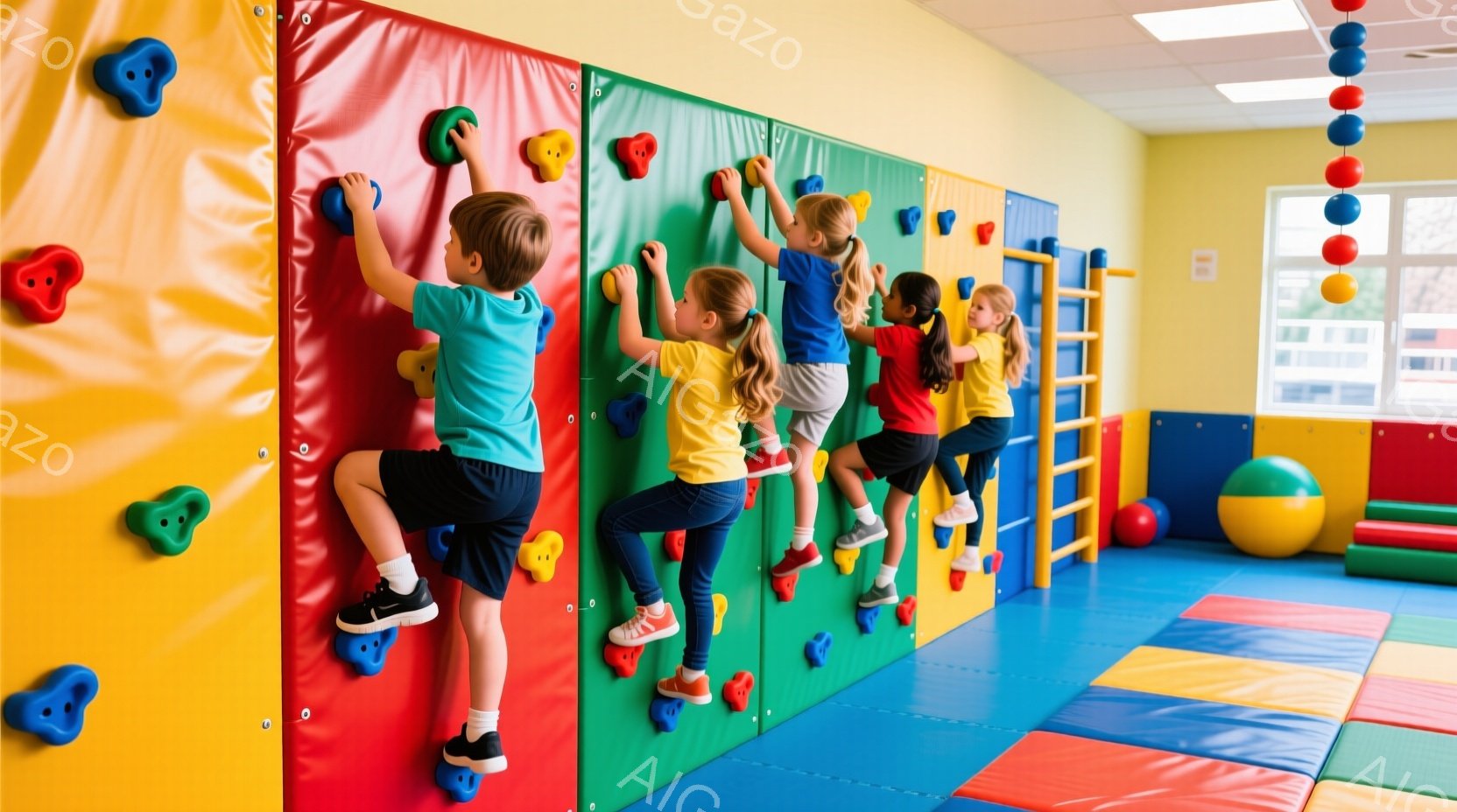 明るい色のクライミングウォールに、数人の子どもたちが挑戦的に登っています。子どもたちはそれぞれ異なる色の服を着ており、髪型も様々で、集中した表情で壁に手を伸ばしています。背景には、カラフルなマットと遊具が配置されており、室内遊戯施設のような活気ある雰囲気です。