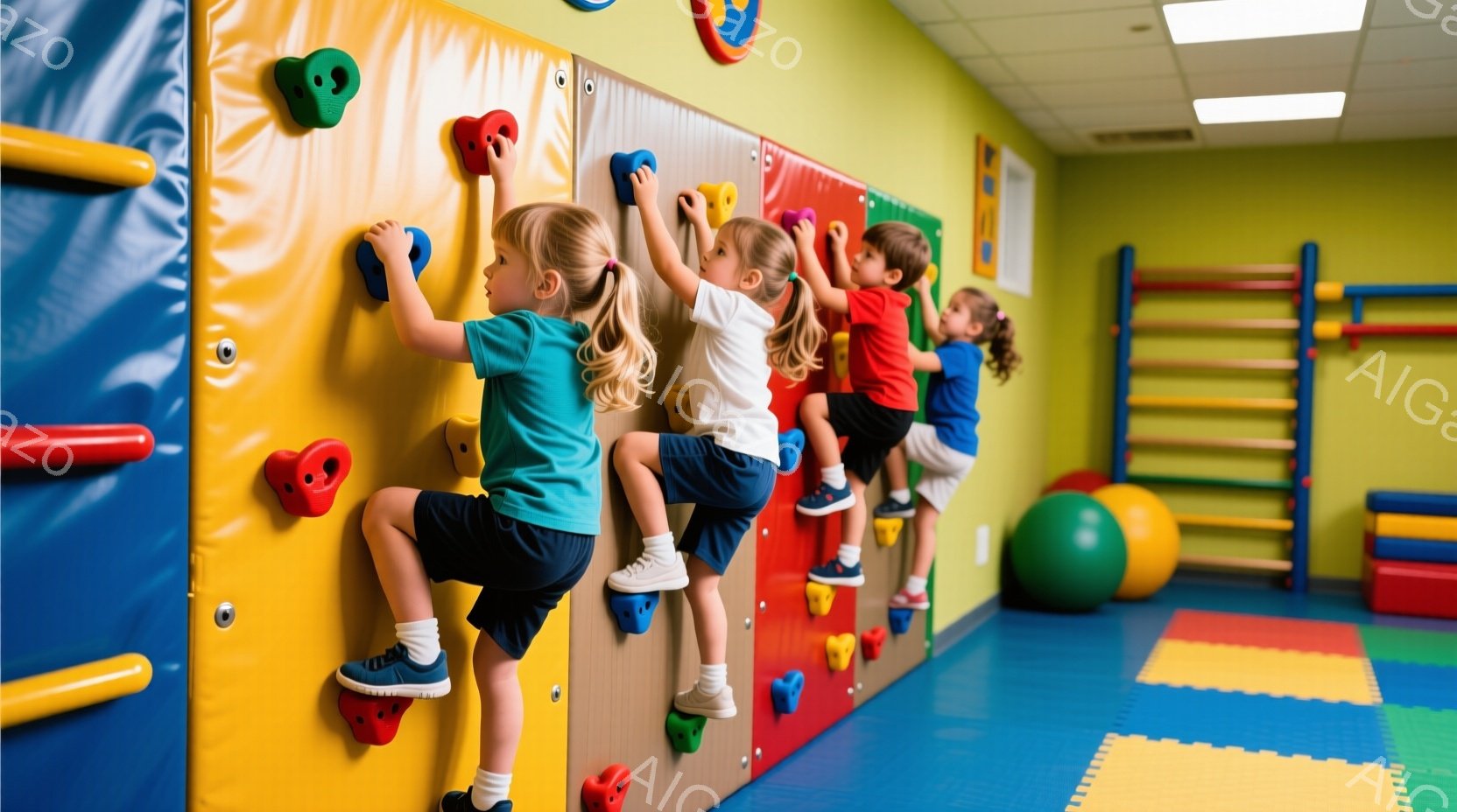 室内遊戯場で、複数の幼い子供たちがカラフルな壁を登っています。子供たちはそれぞれ異なる色の運動着を着ており、髪は後ろで結ばれています。壁は赤、青、黄色、ベージュのパネルで構成され、安全のために柔らかい素材でできています。