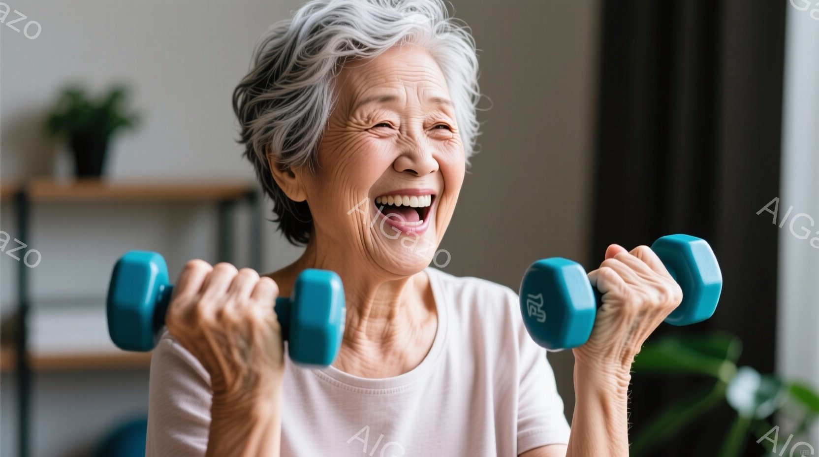 白髪の女性が、両手に水色のダンベルを持ち、笑顔で筋力トレーニングを行っています。ピンク色のTシャツを着ており、顔には喜びと活気が表れています。背景には植物や家具が見え、明るく健康的なライフスタイルを連 - AI生成フリー素材
