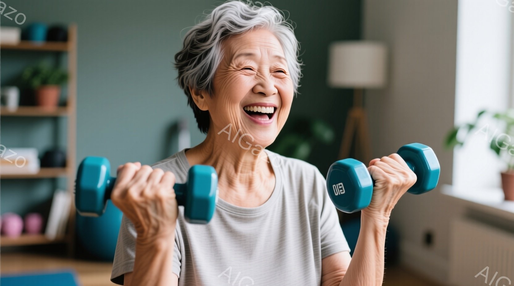白髪の女性が、明るいグレーのTシャツを着て、両手にターコイズブルーのダンベルを持ち、力こぶを上げている。彼女は満面の笑みを浮かべ、楽しそうに運動をしている様子が伺える。背景には、観葉植物や本棚が見え、明るい室内で健康的なライフスタイルを送っている雰囲気が漂っている。