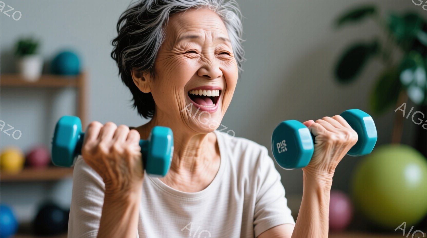白髪の女性が、ターコイズブルーのダンベルを持ち、顔を上げて笑っています。彼女は白いTシャツを着ており、筋肉を鍛えるために両腕を曲げています。背景には、フィットネスボールや植物が見え、明るく活気のある家庭的な雰囲気を感じさせます。
