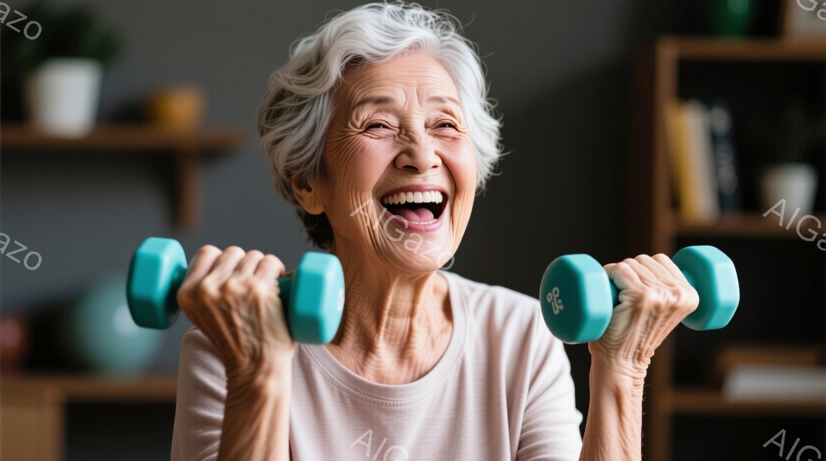 白髪の女性が、ターコイズブルーのダンベルを持ち、顔を上げて満面の笑みを浮かべている。彼女は薄いピンク色のシャツを着ており、明るい室内で運動をしている様子が伺える。背景には木製の棚があり、いくつかの本や植物が置かれている。