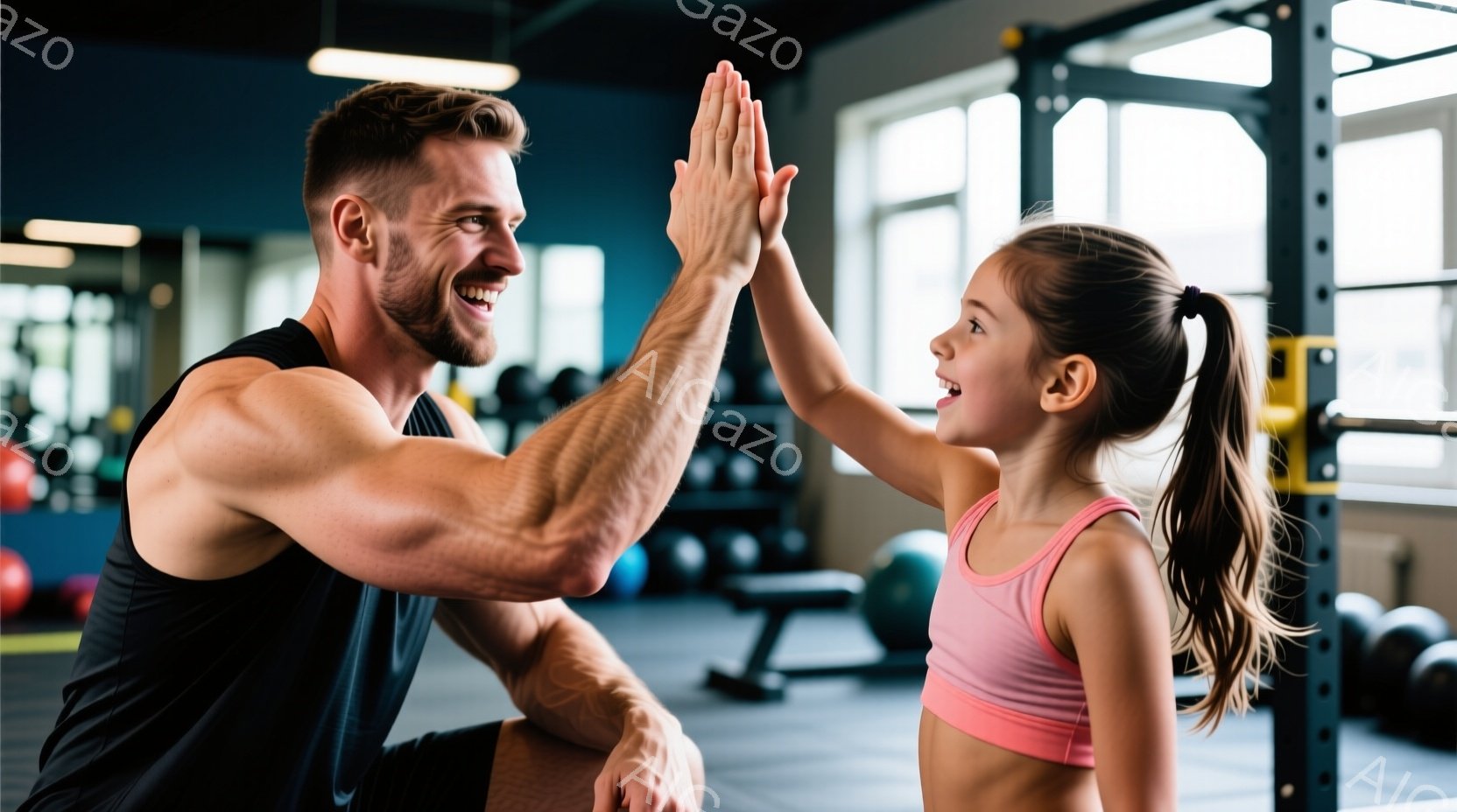 筋トレジムで、筋肉質な男性と若い少女がハイタッチをしている。男性は黒のタンクトップを着ており、笑顔で少女を見下ろしている。少女はピンクのスポーツブラと黒のショーツを着て、髪はポニーテールに結ばれており、嬉しそうに男性とハイタッチをしている。