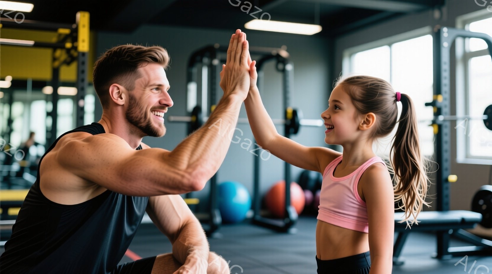 筋トレジムで、逞しい男性と少女がハイタッチをしている様子が写っている。男性はタンクトップと短パン姿で、少女はピンクのトップスと黒いレギンスを着用し、両者とも満面の笑みを浮かべている。ジム内には様々なトレーニング器具が配置されており、活気のある雰囲気が漂っている。