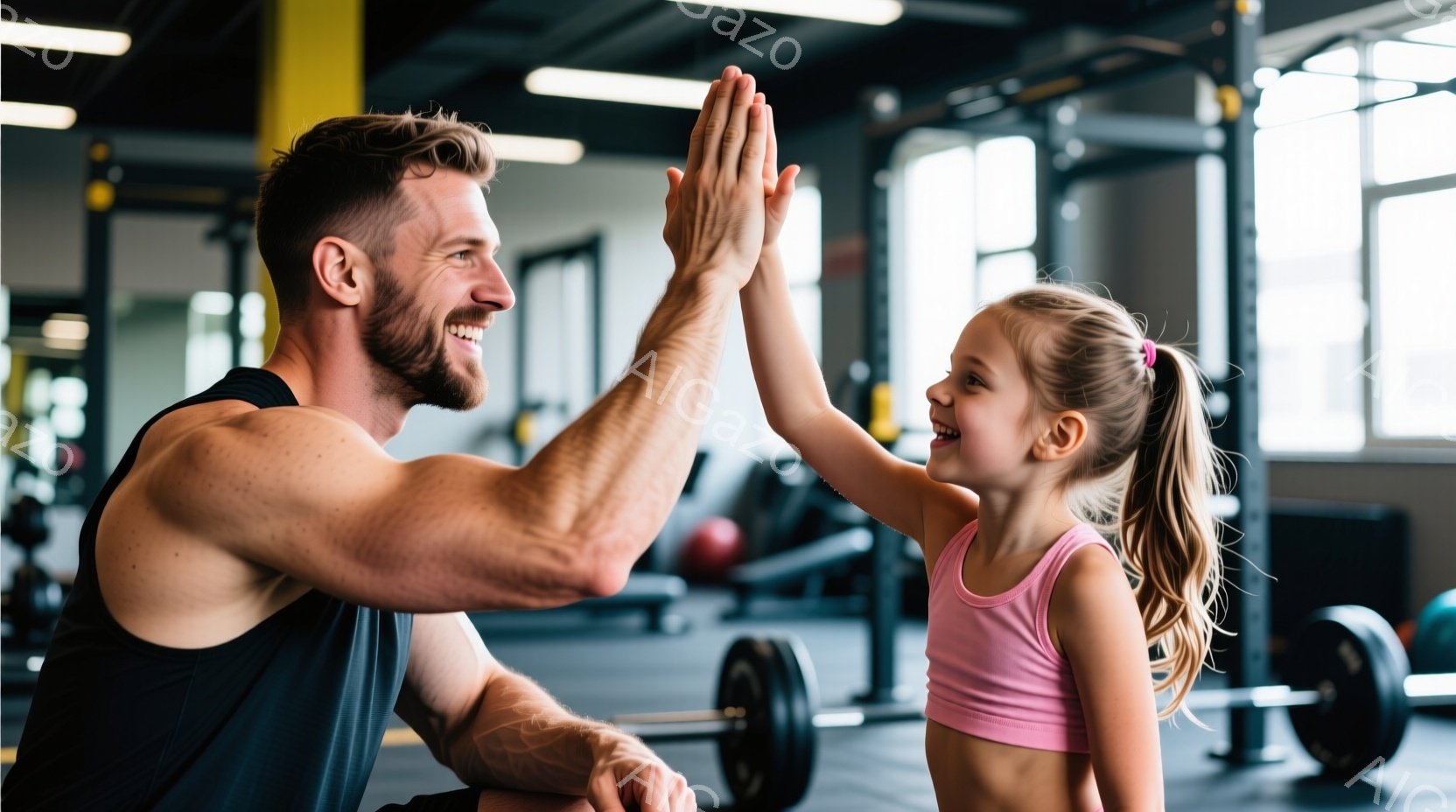 筋力トレーニングジムで、父親と幼い娘がハイタッチをしています。父親は上半身裸で、娘はピンク色のタンクトップとショーツを着用し、髪をポニーテールにしています。両者とも満面の笑みを浮かべ、活気に満ちた親子の絆が感じられる、明るい雰囲気です。