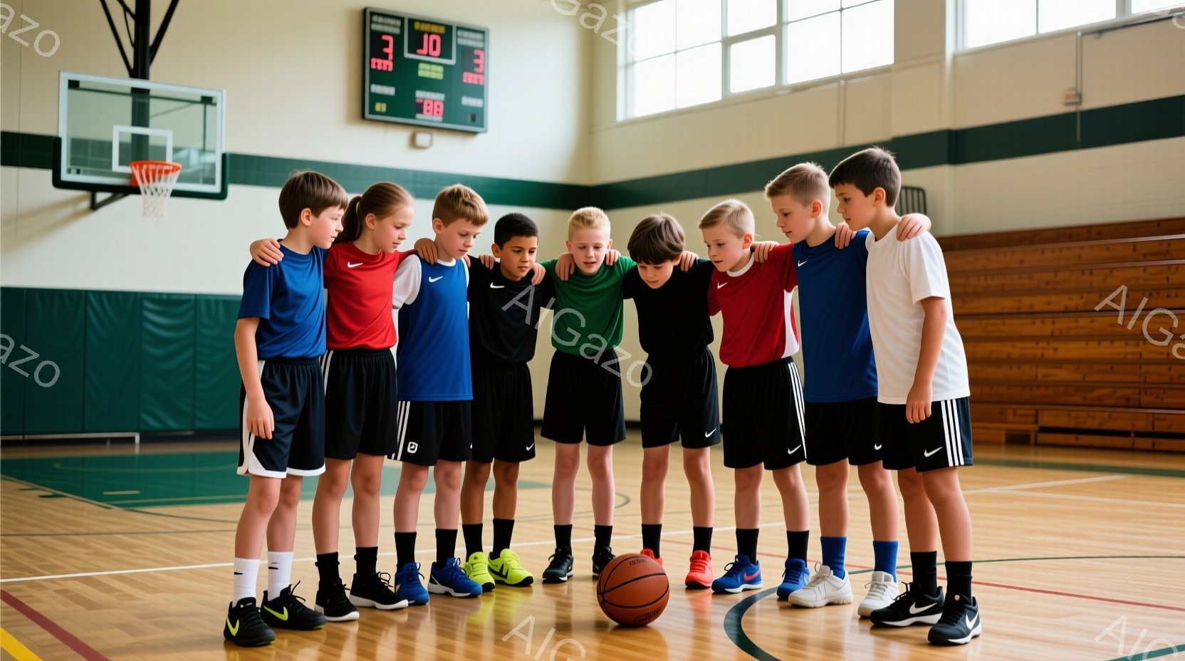 バスケのユニフォームを着た少年たちが、体育館の中心で肩を組み、円になって立っています。彼らはそれぞれ赤い、青い、緑色、黒色のシャツを着ており、黒い短パンに白い靴下とスニーカーを履いています。背景にはバ - AI生成フリー素材