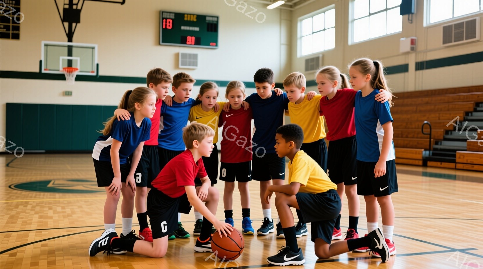 バスケットボールコートに、若い少年少女たちが円になって膝をつき、バスケットボールを見つめている。彼らは皆、黒いショーツに、赤、青、黄色などのカラフルなTシャツを着ており、スポーティーな装いである。コートの背景には観客席が見え、天井には照明が設置されているが、全体的に明るく、チームワークを意識した活気のある雰囲気が漂っている。