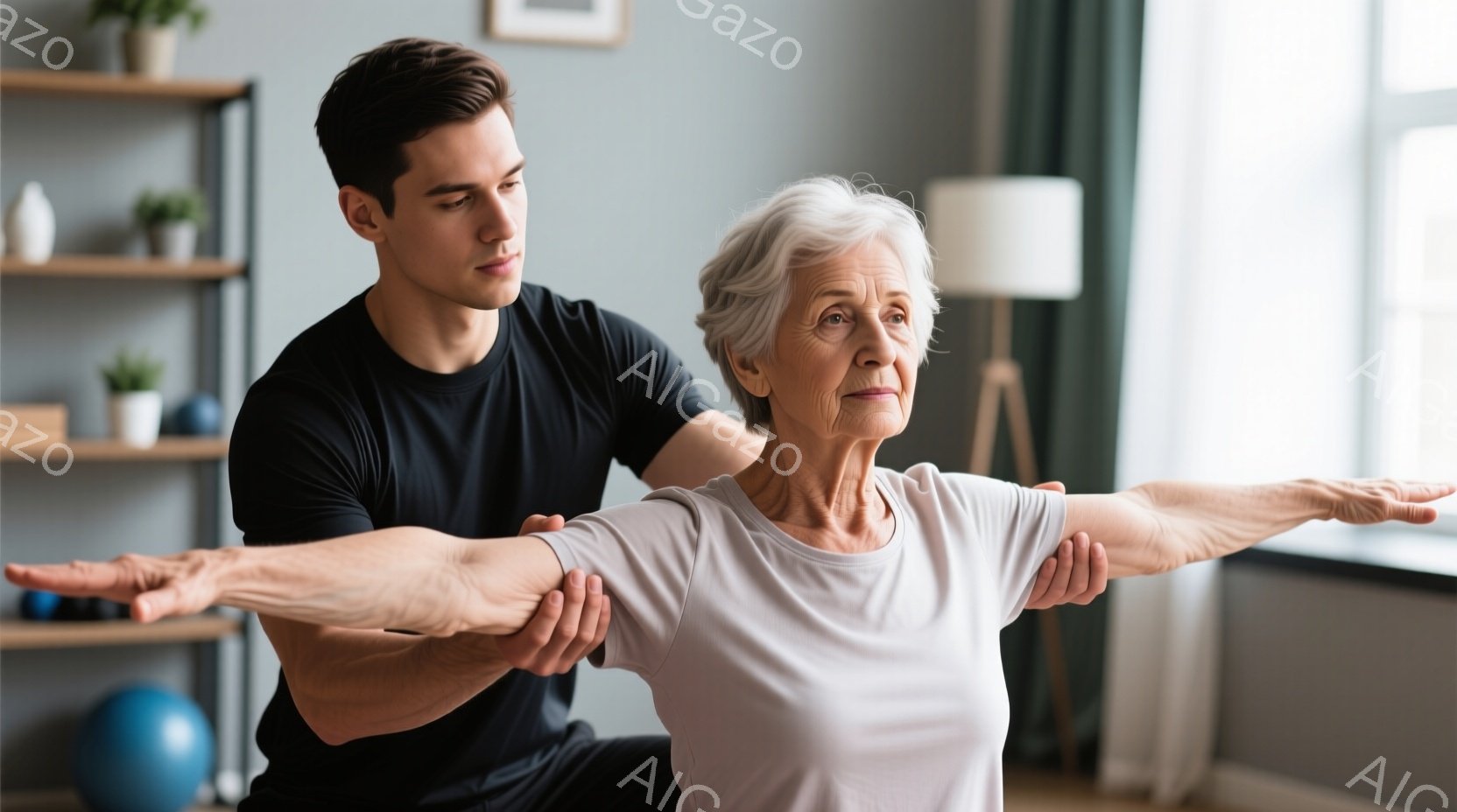 柔らかな身体を持つ老人が、年配の男性の指示に従って、健康的なストレッチを行っている。男性は厳密であり、老人は集中して活動している。穏やかな昼間の屋内空間で、背景には植物があり、室内の静かさが感じられる。