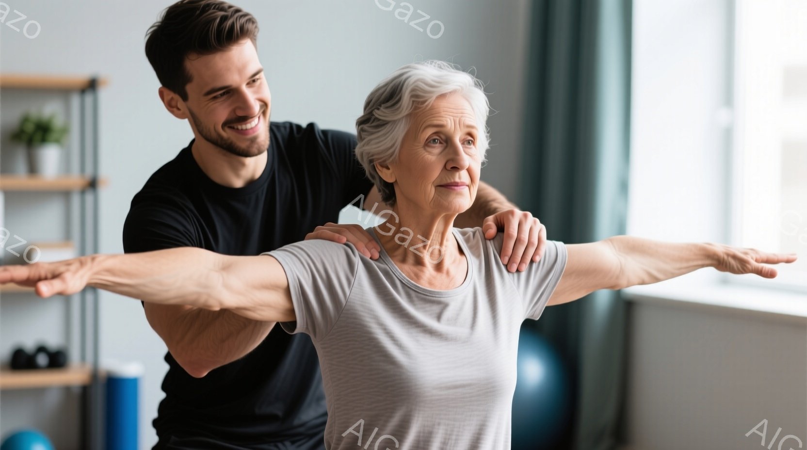 白髪の女性が両手を横に広げ、ストレッチをしている。若い男性トレーナーが彼女の肩を支え、笑顔でサポートしている。背景には、フィットネス器具や収納棚が見え、室内で運動指導が行われている様子が伺える、明るく健康的な雰囲気の画像である。