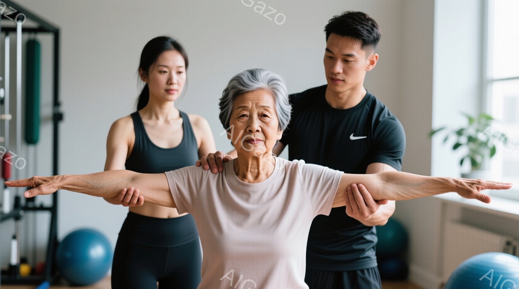 白髪の女性が薄いピンク色のTシャツを着て、両手を横に広げています。若い男性トレーナーが後ろから彼女の肩を支え、若い女性が背景で立っています。背景には、エクササイズボールやトレーニング器具があり、明るく清潔なジムのような空間で、健康的な雰囲気です。