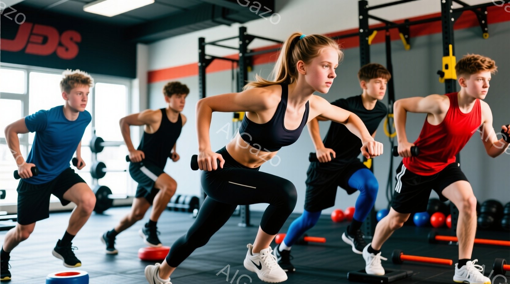 ジムでトレーニングを行う４人の若者が写っています。彼らはそれぞれ青、黒、黒、赤のスポーツウェアを身につけ、運動中に力強い表情を浮かべています。ジム内には、ダンベルやトレーニング器具が配置され、活気のある雰囲気です。
