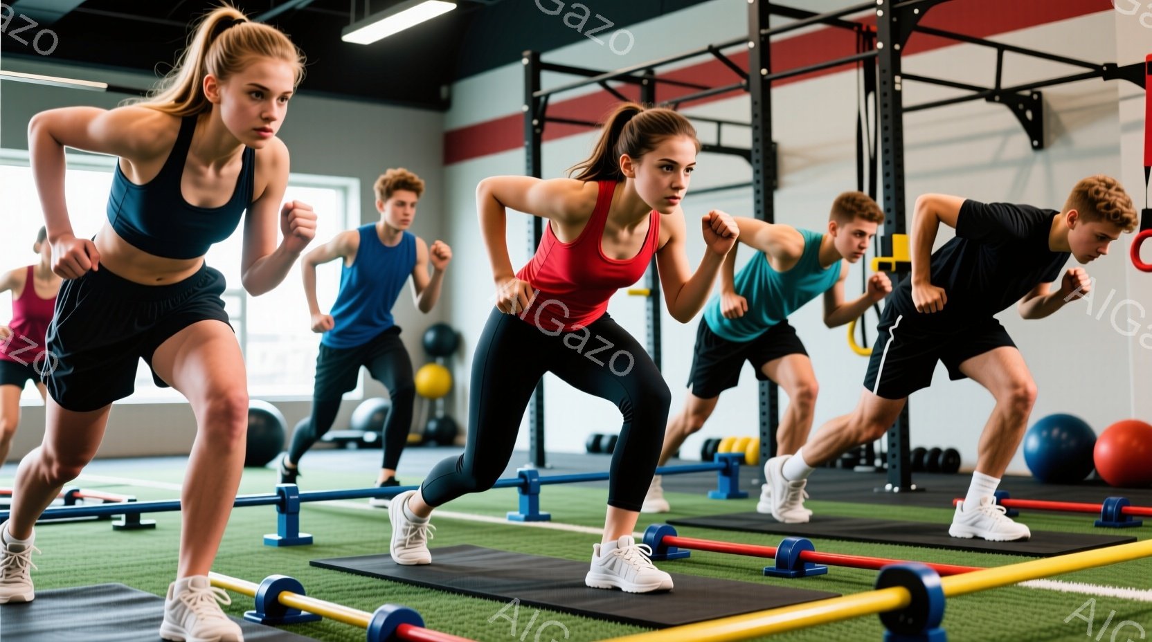 室内に設置されたランニング機器を使用する運動部隊を写しています。メンバーは健康的な体型であり、一般的なフィットネスウェアを着用しています。彼らの表情は集中しており、動作に努力を重ねています。ランニング機器は、走行シミュレータとよく似たもので、赤、黄、青のバリエーションがあります。背景は明るく、白色の壁や窓が見られ、屋内トレーニングスタジオのような感じです。全体としては、プロフェッショナルな運動環境を築いた学生やアスリートが鍛える様子を表しています。