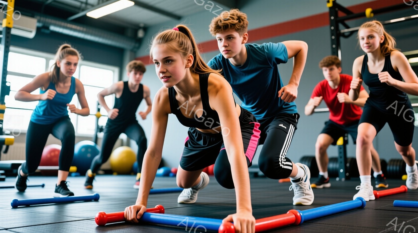 複数の若い男女が、青と赤の短い棒が並んだ床の上で運動している様子が写っている。女性は黒のスポーツブラとピンクのストライプが入った黒のレギンス、男性は青または赤のTシャツと黒のショーツを着用し、皆スポー - AI生成フリー素材