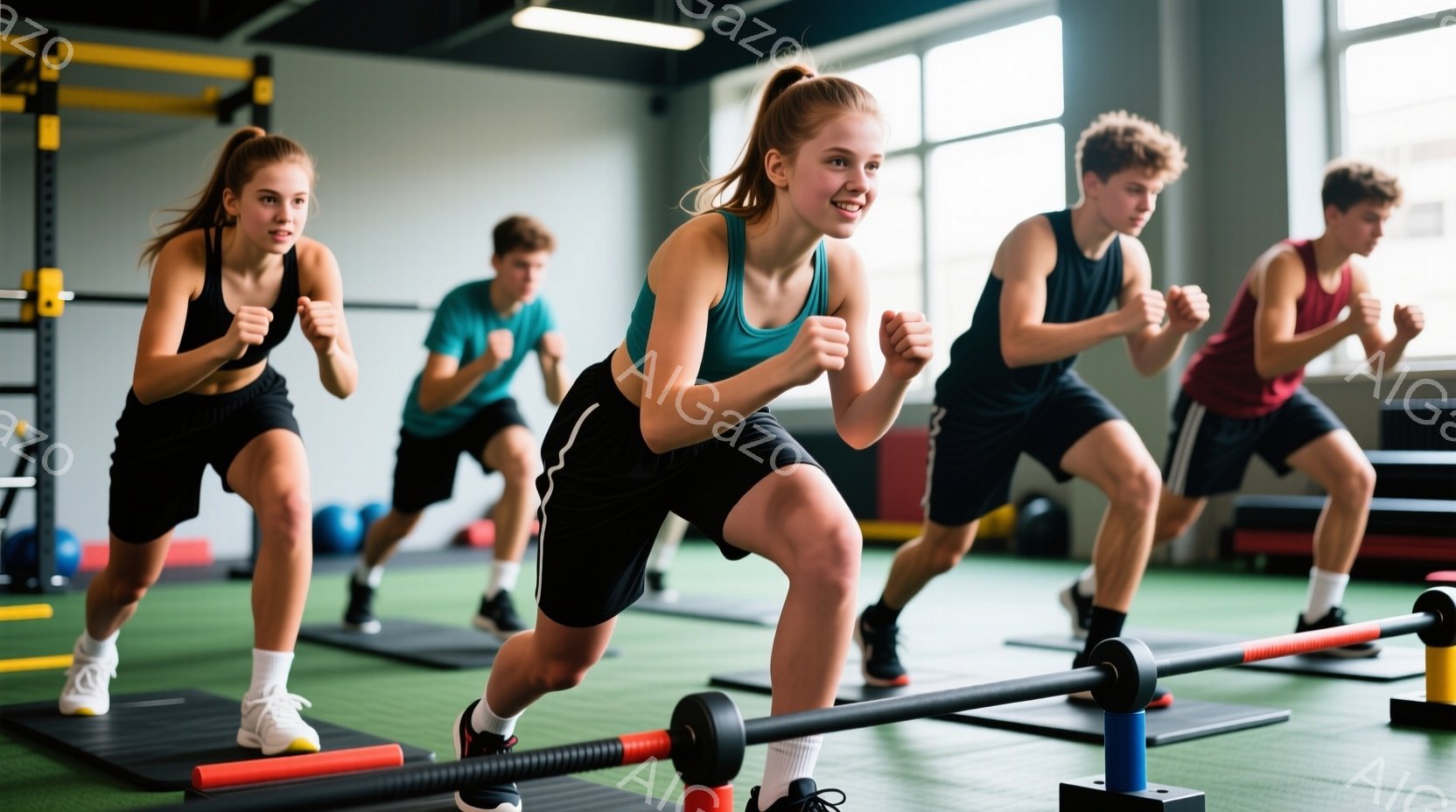 4人の若者がジムで障害物を飛び越えるトレーニングをしている様子が写っている。彼らはそれぞれスポーツウェア姿で、髪型はポニーテールや短髪など様々で、顔には真剣かつ意欲的な表情が見られる。ジム内は明るく、青と黒のマット、バーベルやダンベルなどのトレーニング器具が置かれ、活気のある雰囲気である。