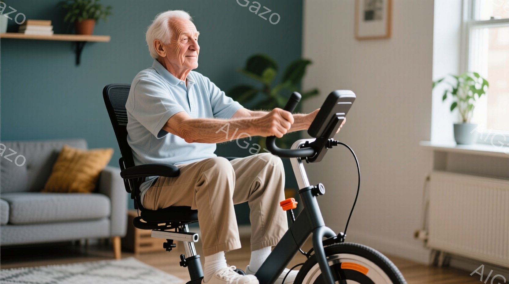 白髪で少ししわがれた顔の高齢男性が、エクササイズバイクに座って運動しています。彼は明るい水色のポロシャツとベージュ色のズボン、白い靴下とスニーカーを履いており、前向きな表情でハンドルを握っています。背景にはグレーのソファ、観葉植物、そして窓から差し込む自然光が見え、健康的で落ち着いた雰囲気を醸し出しています。