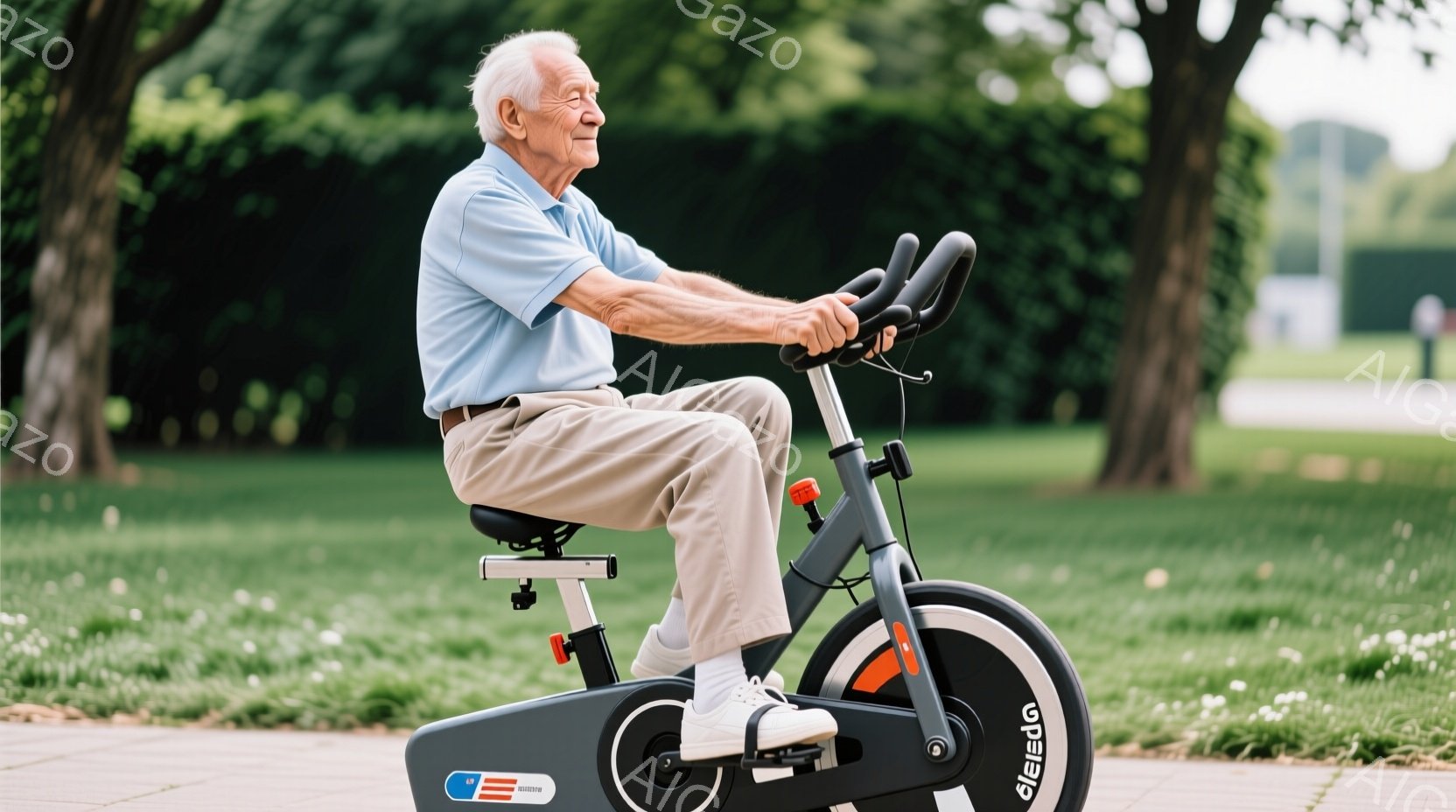 白髪で皺の多い男性が、屋外でエアロバイクに乗っています。彼は明るい水色のポロシャツとベージュ色のズボンを着用し、白いスニーカーを履いています。背景には緑豊かな木々と芝生、そしてぼんやりと見える建物があ - AI生成フリー素材