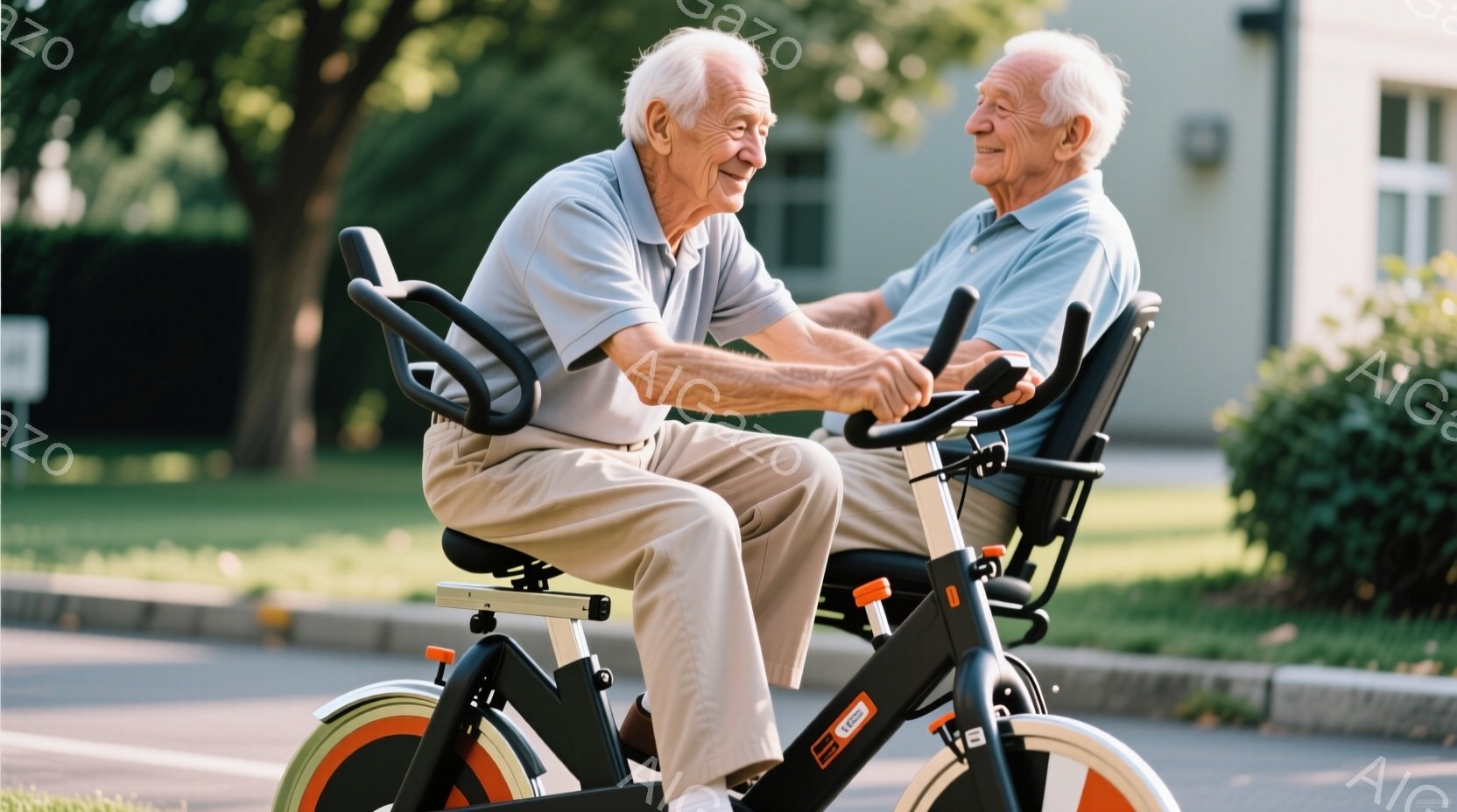 年配の男性二人が屋外のエクササイズバイクに座って運動しています。彼らはどちらも薄いブルーのポロシャツとベージュのズボンを着用し、笑顔で前を見つめています。背景には緑豊かな木々や住宅が見え、晴れた日の穏やかな雰囲気が伝わってきます。