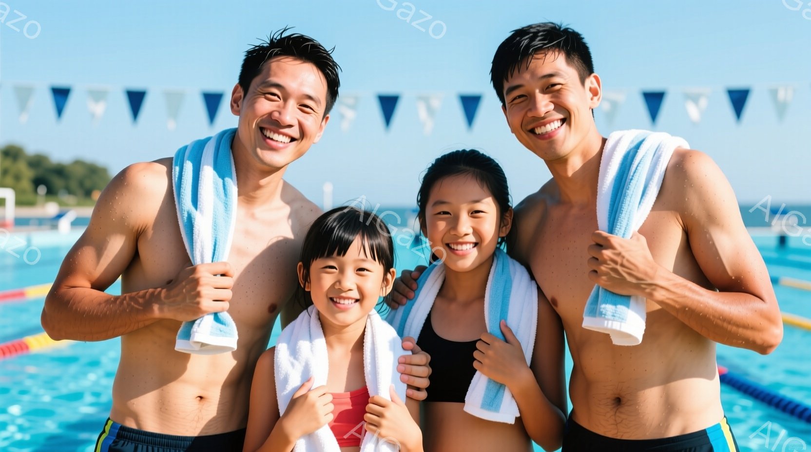 太陽光の下で、水着姿の男性と2人の少女が並んで微笑んでいます。男性は上半身裸で、肩に青いタオルをかけており、少女たちは水着に白いタオルを巻いています。背景にはプールと緑豊かな木々が見え、晴れた空が広が - AI生成フリー素材