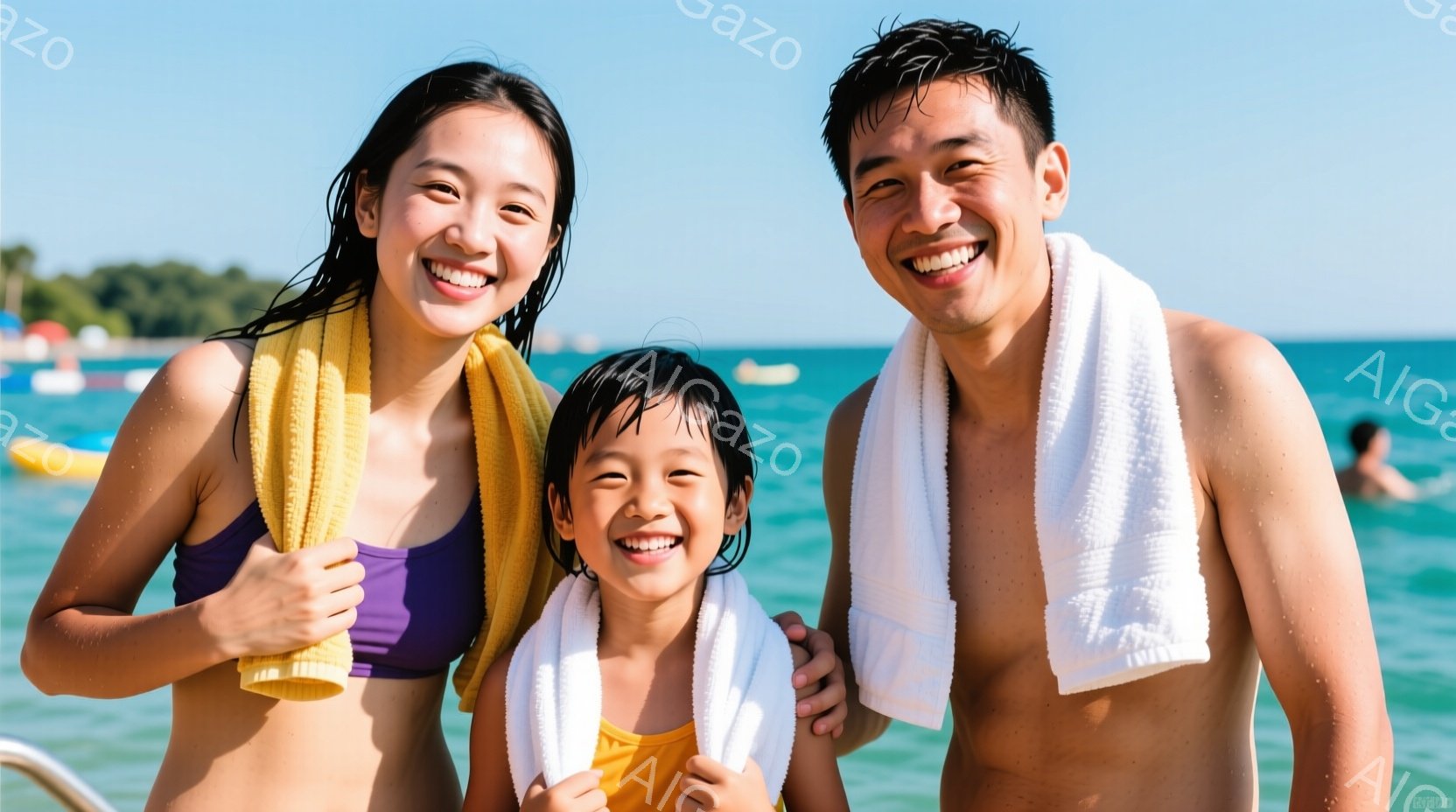 海辺で笑顔の家族が写っています。母親は紫色の水着に黄色いタオルを首にかけ、娘はオレンジ色のシャツに白いタオルをかけています。父親は上半身裸で白いタオルを首にかけ、3人とも太陽の下で楽しんでいる様子がう - AI生成フリー素材