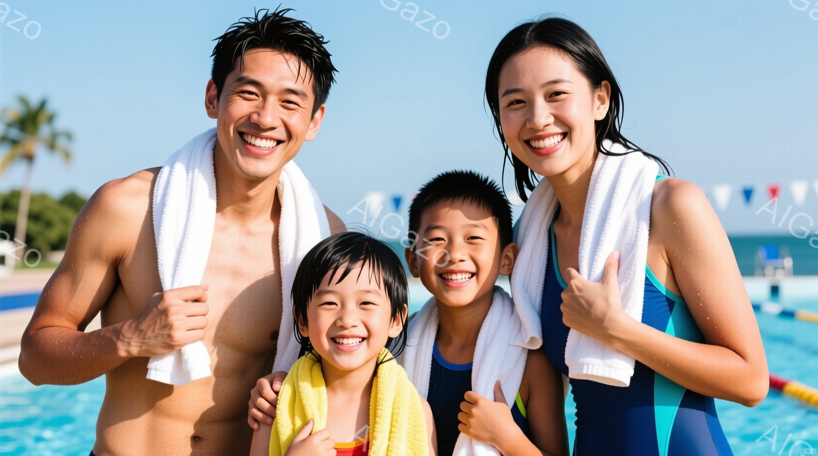 家族がプールサイドで笑顔でポーズをとっています。父親は水色の水着に白いタオルを首に巻き、娘は黄色のタオルを首に巻いています。背景には青いプール、青い海、そしてヤシの木が見え、晴れた空の下、明るく爽やか - AI生成フリー素材