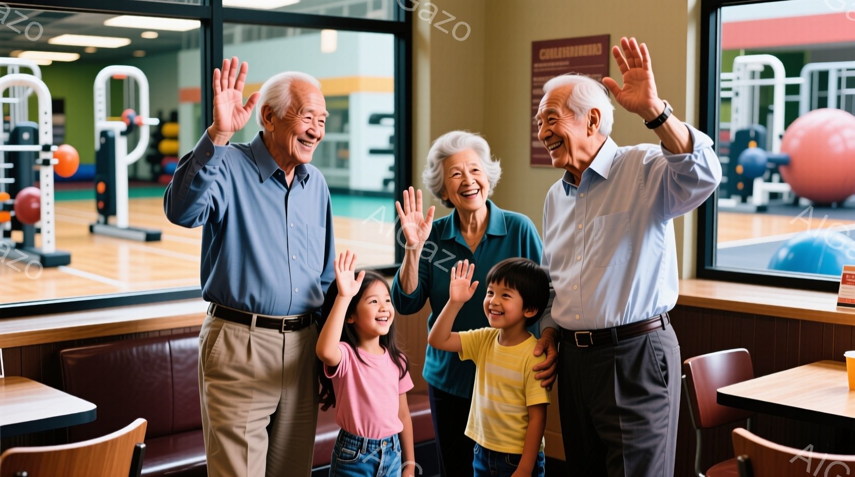 笑顔の高齢夫婦と二人の子供が、窓際の赤いソファーに並んで立っています。おじいさんは明るい青いシャツにベージュのズボン、おばあさんは濃い青緑のトップス、女の子はピンクのシャツにデニム、男の子は黄色のシャツを着ています。背景には、エクササイズ器具が並ぶジムの様子が見え、明るく陽気な雰囲気が漂っています。