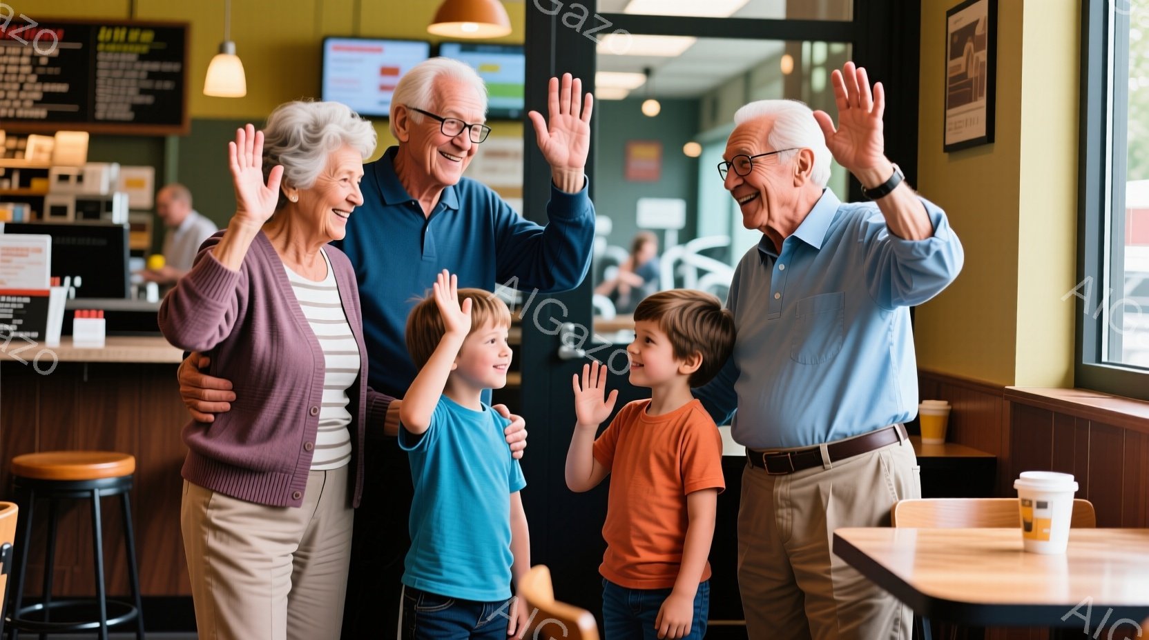 祖母と祖父は、それぞれ青とピンクのセーターを着ており、笑顔で手を振っています。二人の間には、青いシャツとオレンジのシャツを着た二人の若い男の子がいて、彼らも手を振って楽しんでいます。背景はカフェの内部で、カウンター、テーブル、椅子が見え、明るく暖かい雰囲気が漂っています。