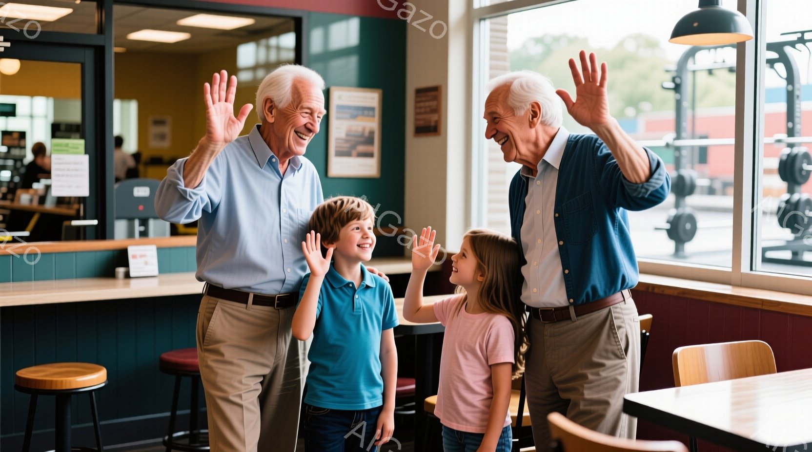 白髪の高齢男性と、少年と少女が笑顔で手を振っています。男性はベージュのズボンに青いシャツを着ており、少年は青いポロシャツ、少女はピンクのTシャツを着ています。背景には、ジムの機器や受付カウンターが見え、明るい室内で温かい雰囲気が漂っています。